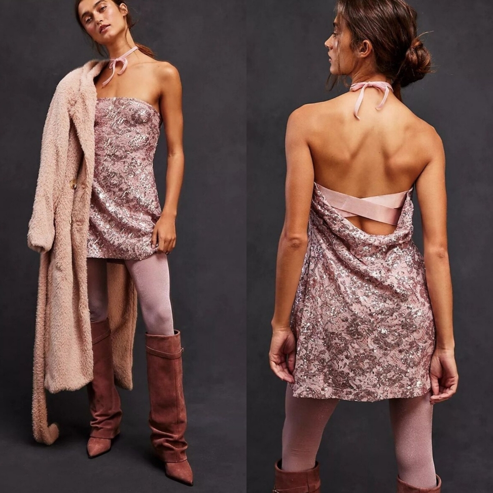 NWT Free People Night Gaze Mini Sequin Fit & Flare Dress Blush Pink XL